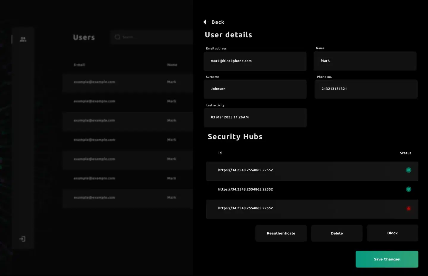 Black Phone admin portal: users table and a user detail panel listing Security Hubs with live status and reauthenticate, delete and block actions