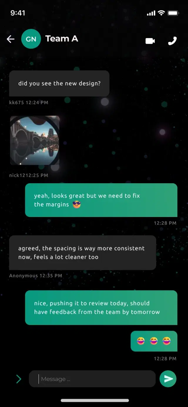 Black Phone group conversation with encrypted message bubbles and voice and video call buttons in the top bar