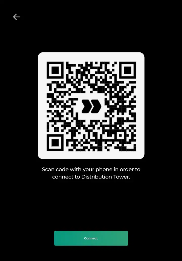 Distribution Tower kiosk: a QR code that pairs the operator's phone with the tower, above a Connect button