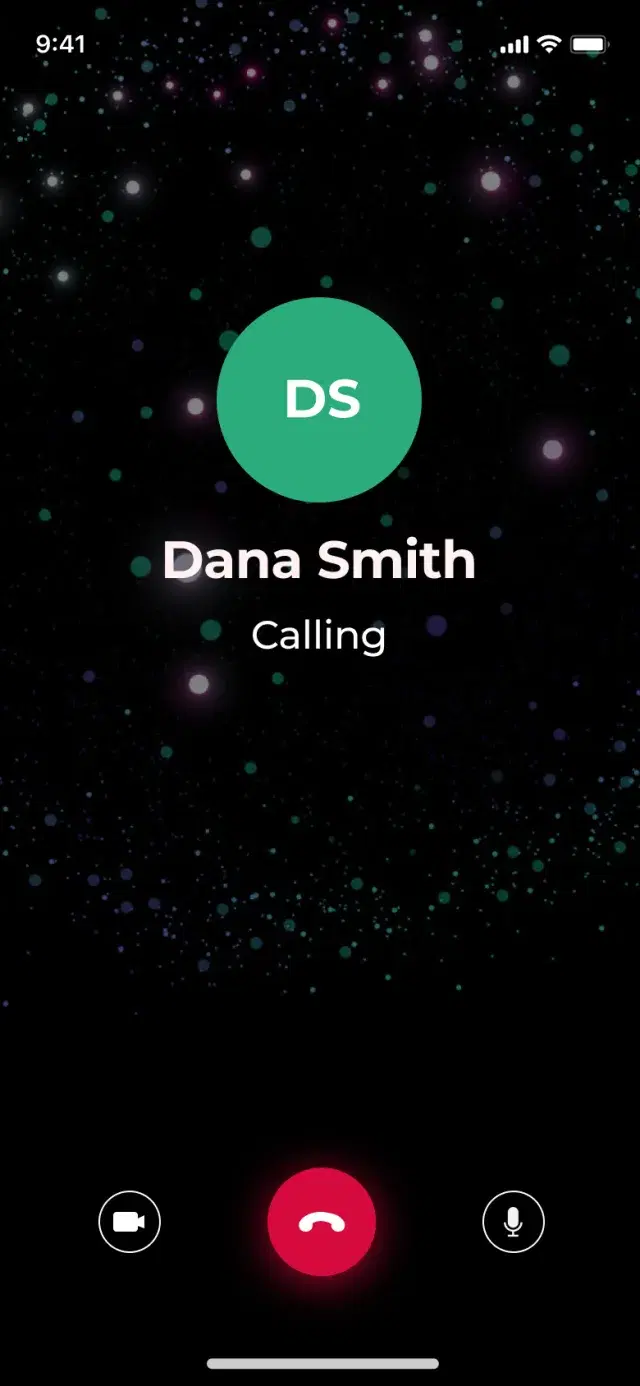 Black Phone outgoing call: Dana Smith, Calling, with end-call, video and mute buttons on a dark starfield